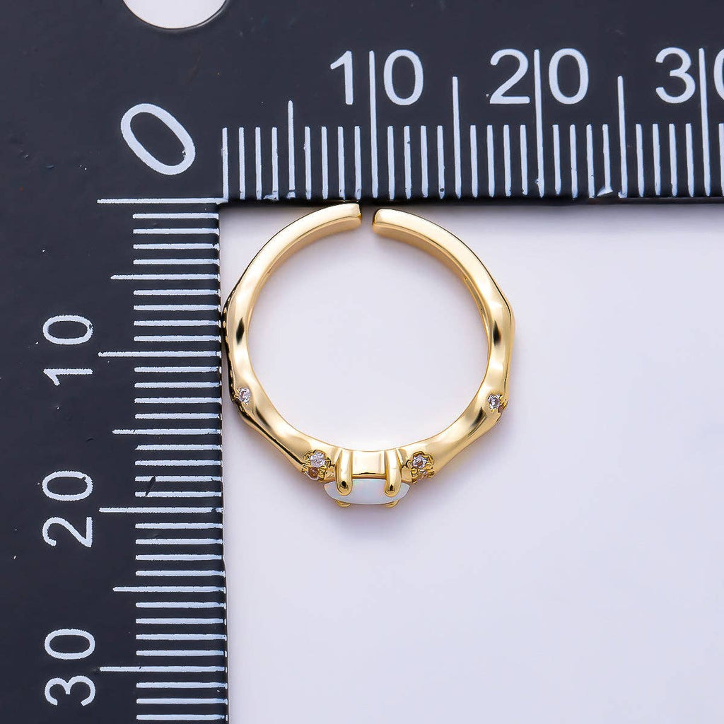 16K Gold Filled Oval White Opal Organic Bamboo Clear CZ Adjustable Ring