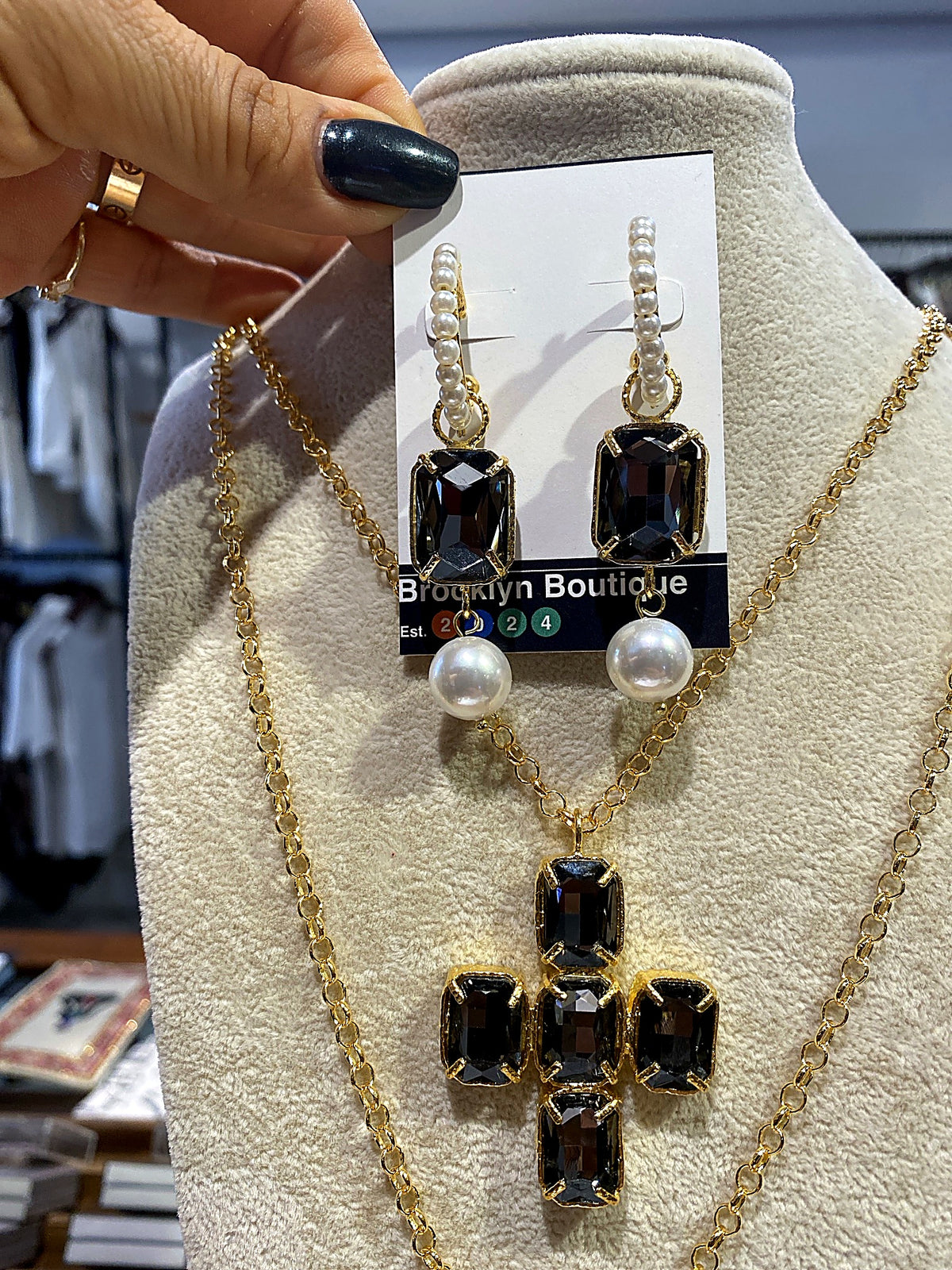 Black Crystal and Mallorca Pearl Drop Earrings