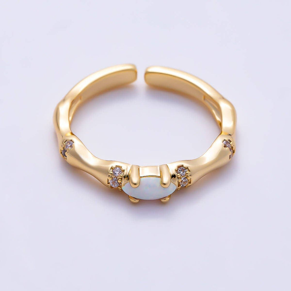 16K Gold Filled Oval White Opal Organic Bamboo Clear CZ Adjustable Ring