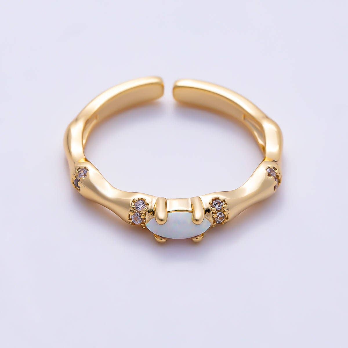 16K Gold Filled Oval White Opal Organic Bamboo Clear CZ Adjustable Ring