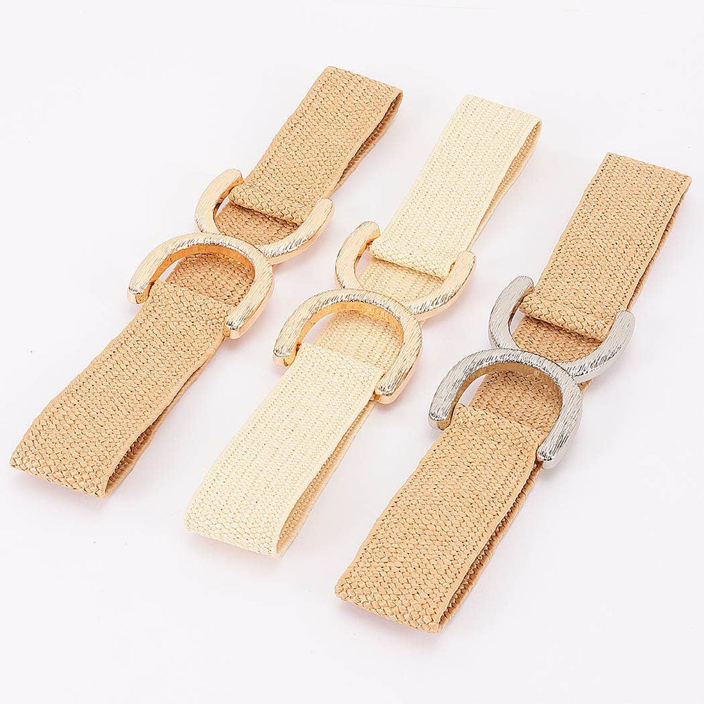 Faux Straw Big Metal Buckle Elastic Belt