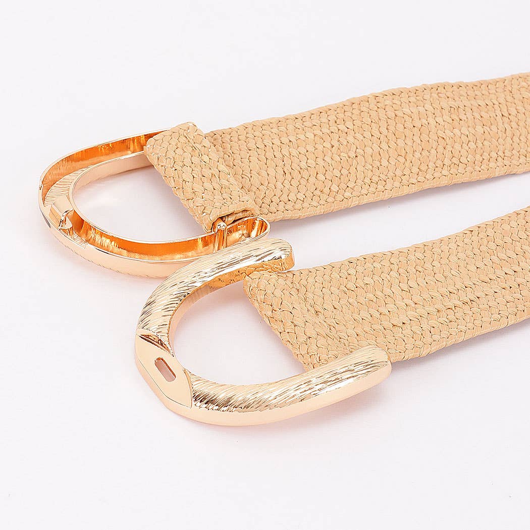Faux Straw Big Metal Buckle Elastic Belt