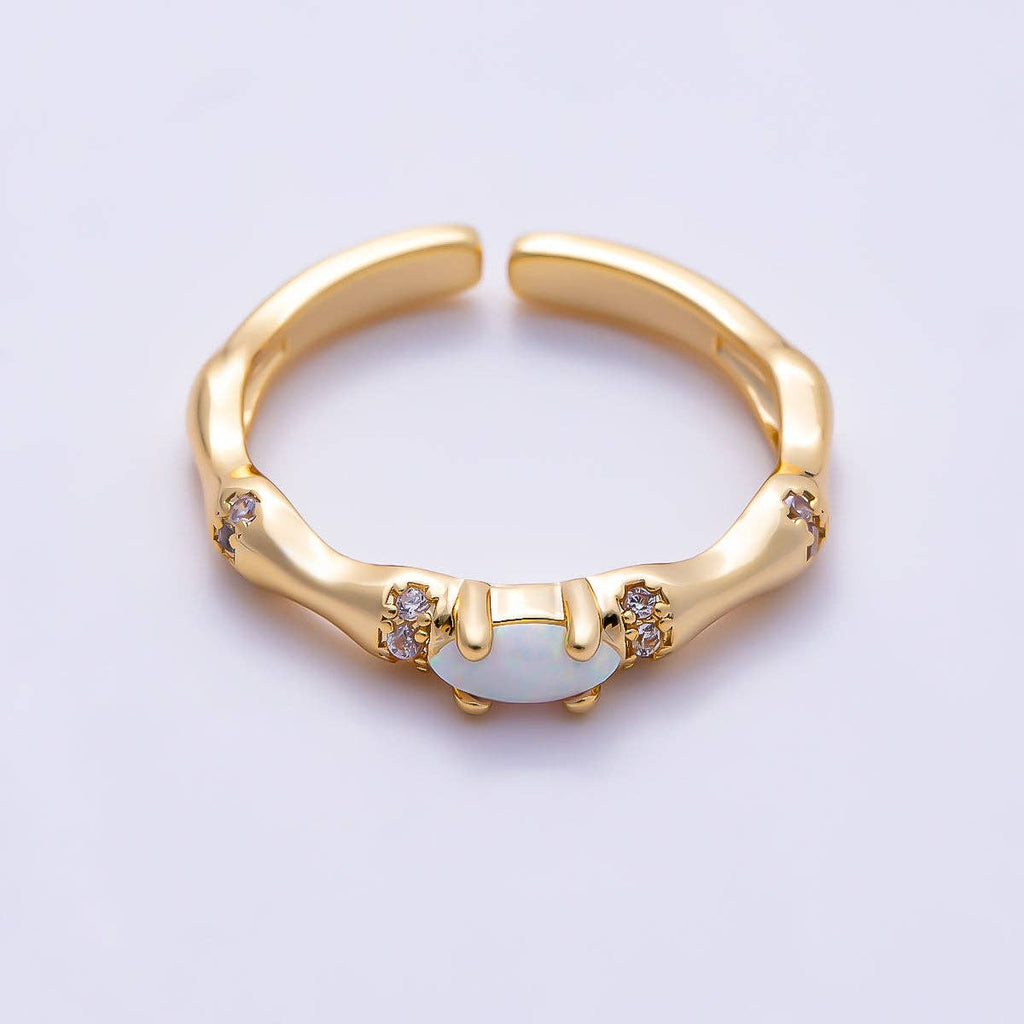 16K Gold Filled Oval White Opal Organic Bamboo Clear CZ Adjustable Ring