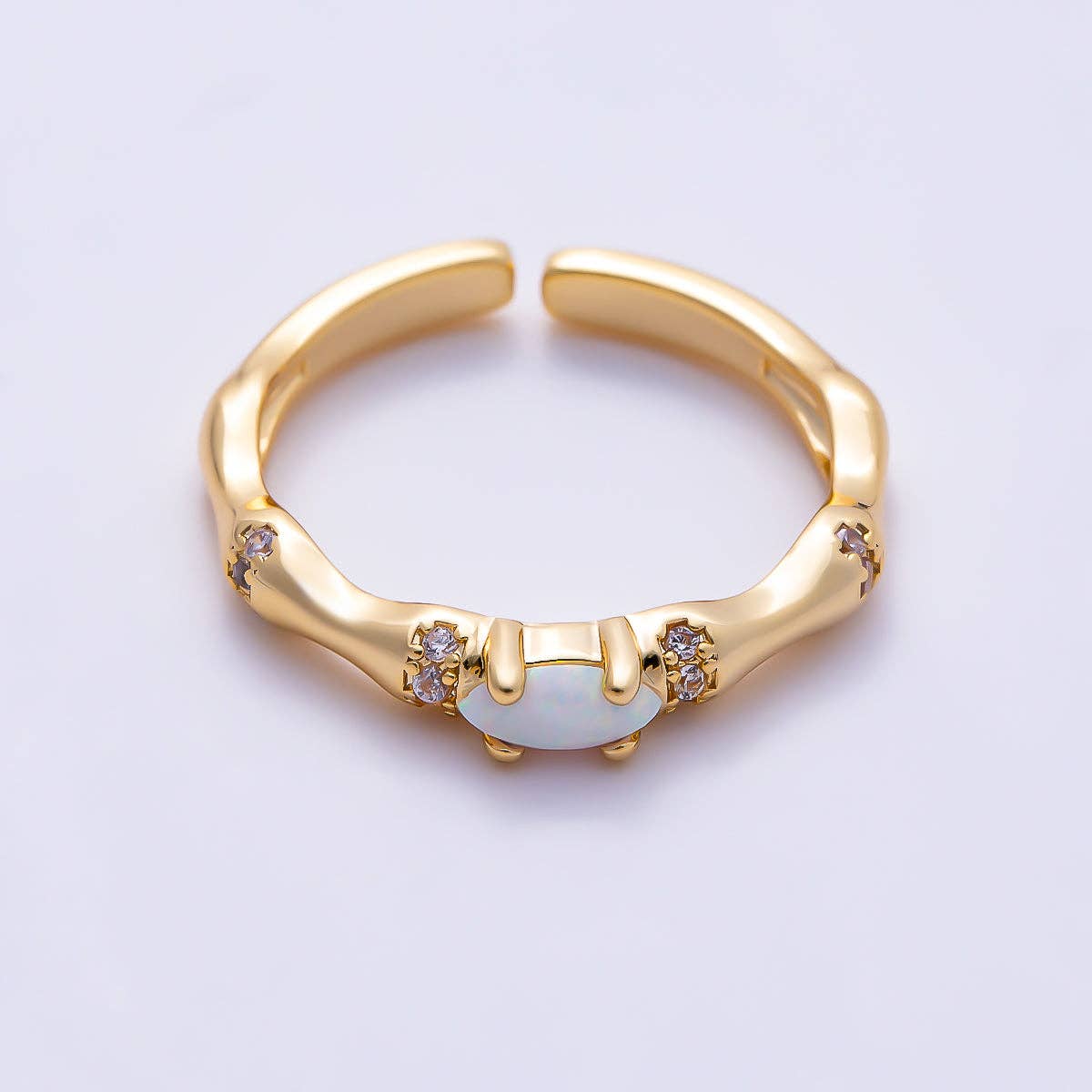 16K Gold Filled Oval White Opal Organic Bamboo Clear CZ Adjustable Ring