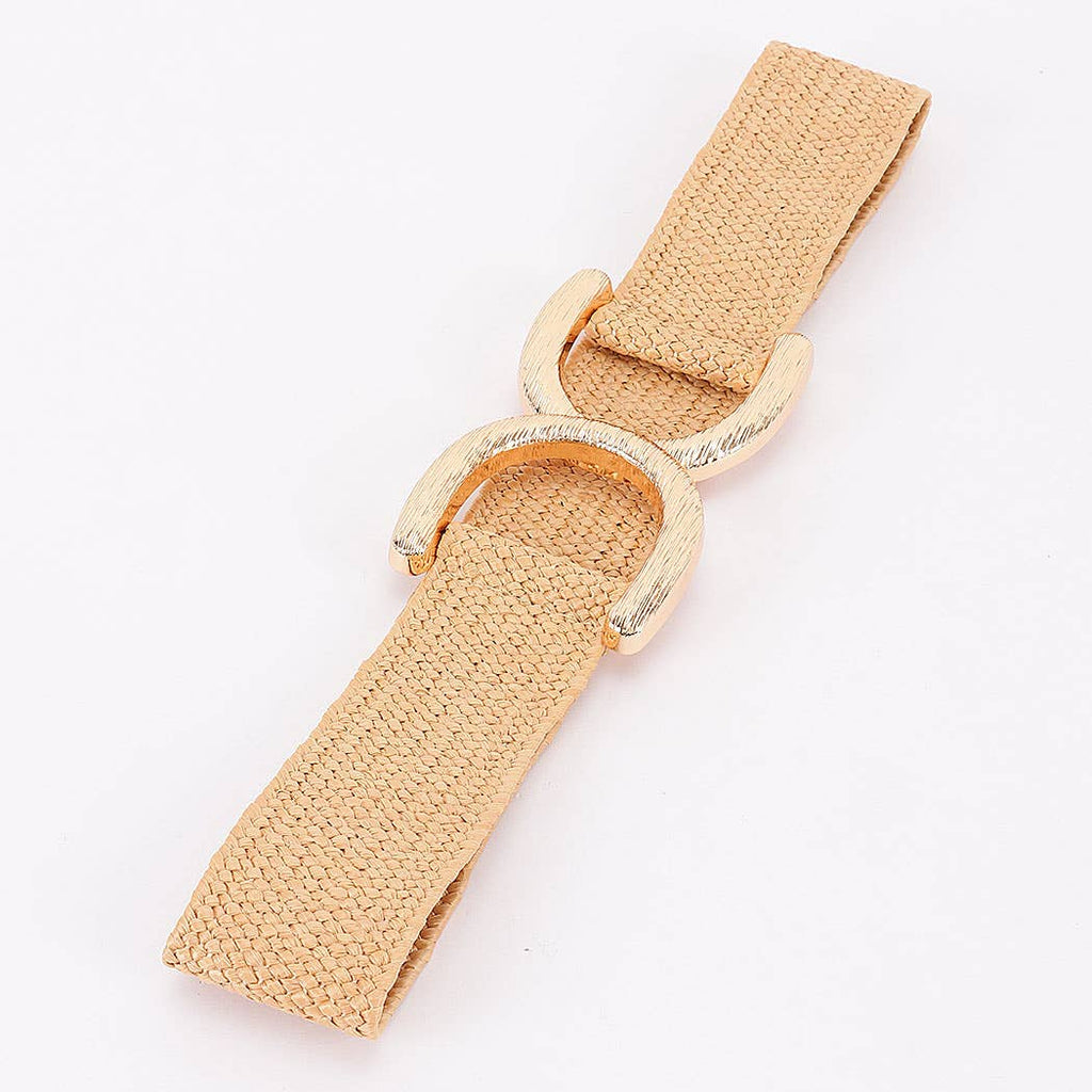 Faux Straw Big Metal Buckle Elastic Belt