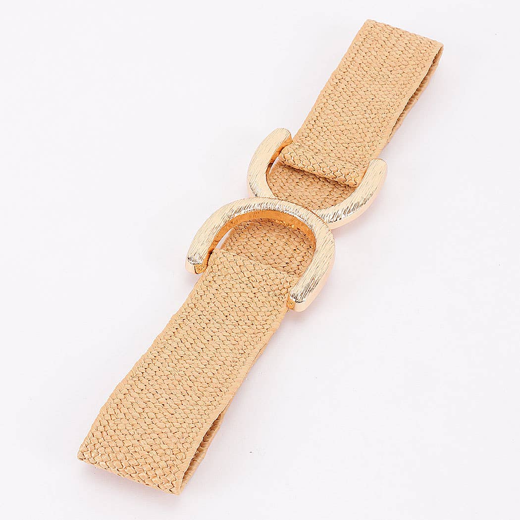 Faux Straw Big Metal Buckle Elastic Belt