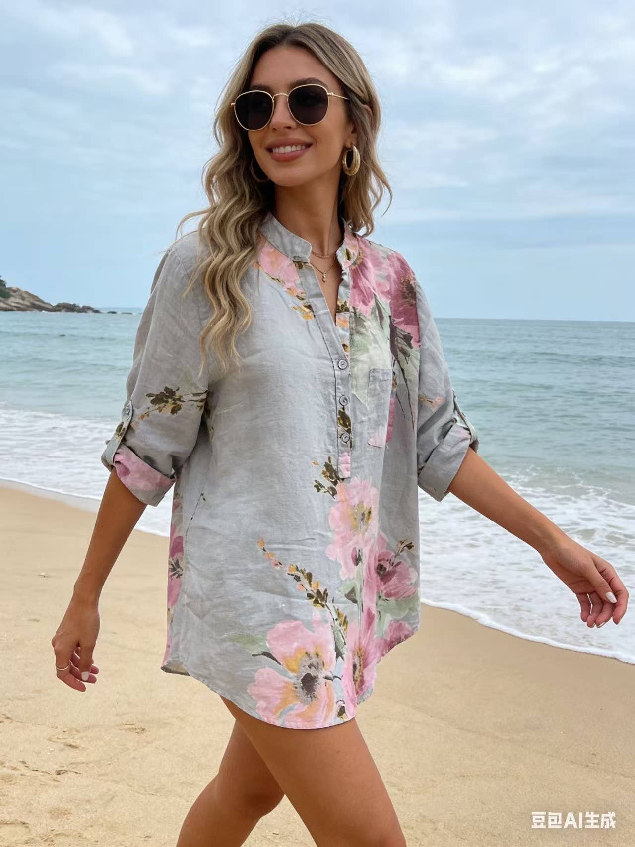 Floral O/S Linen Blouse