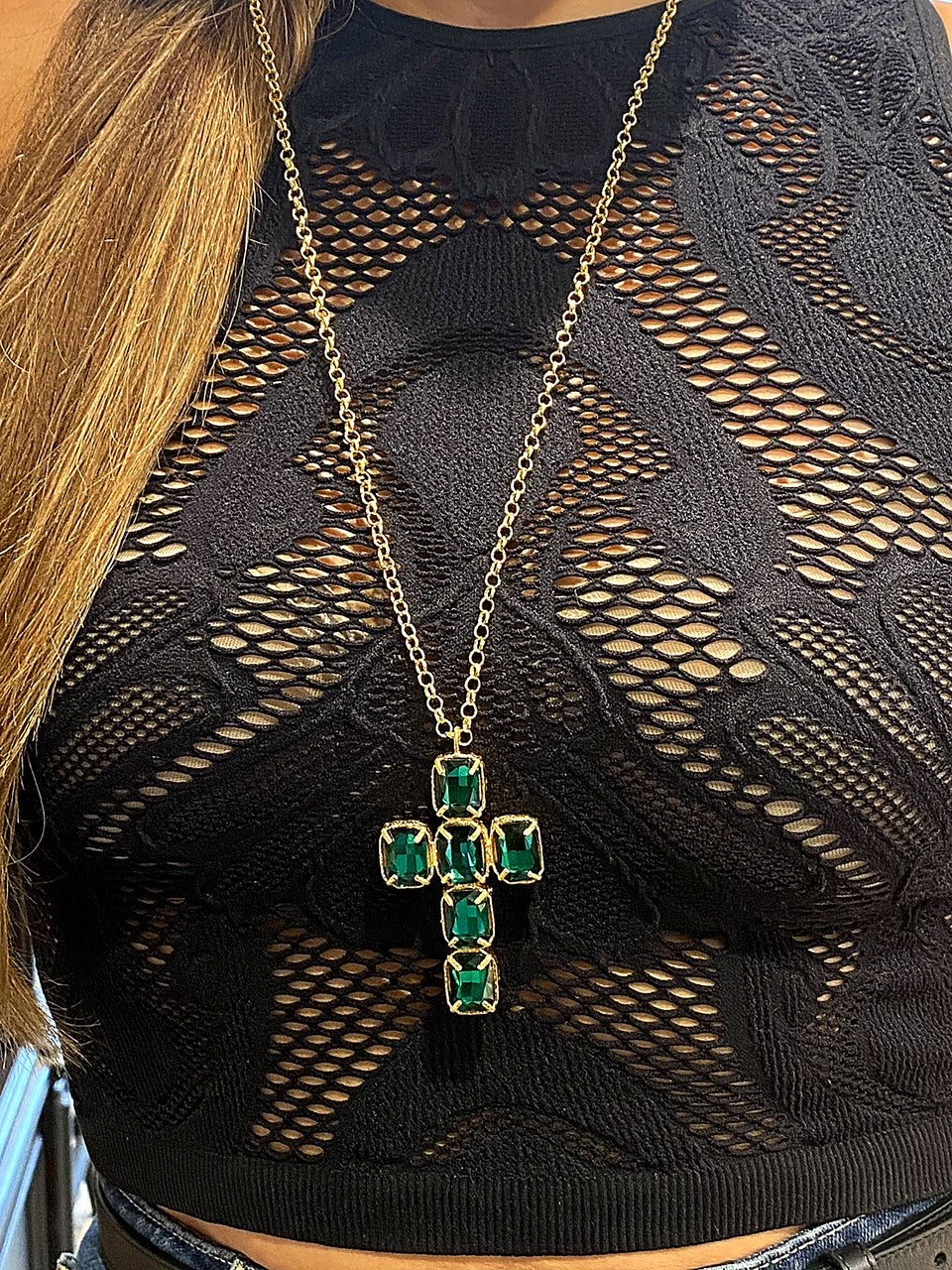 Emerald Crystal Cross Pendant Necklace