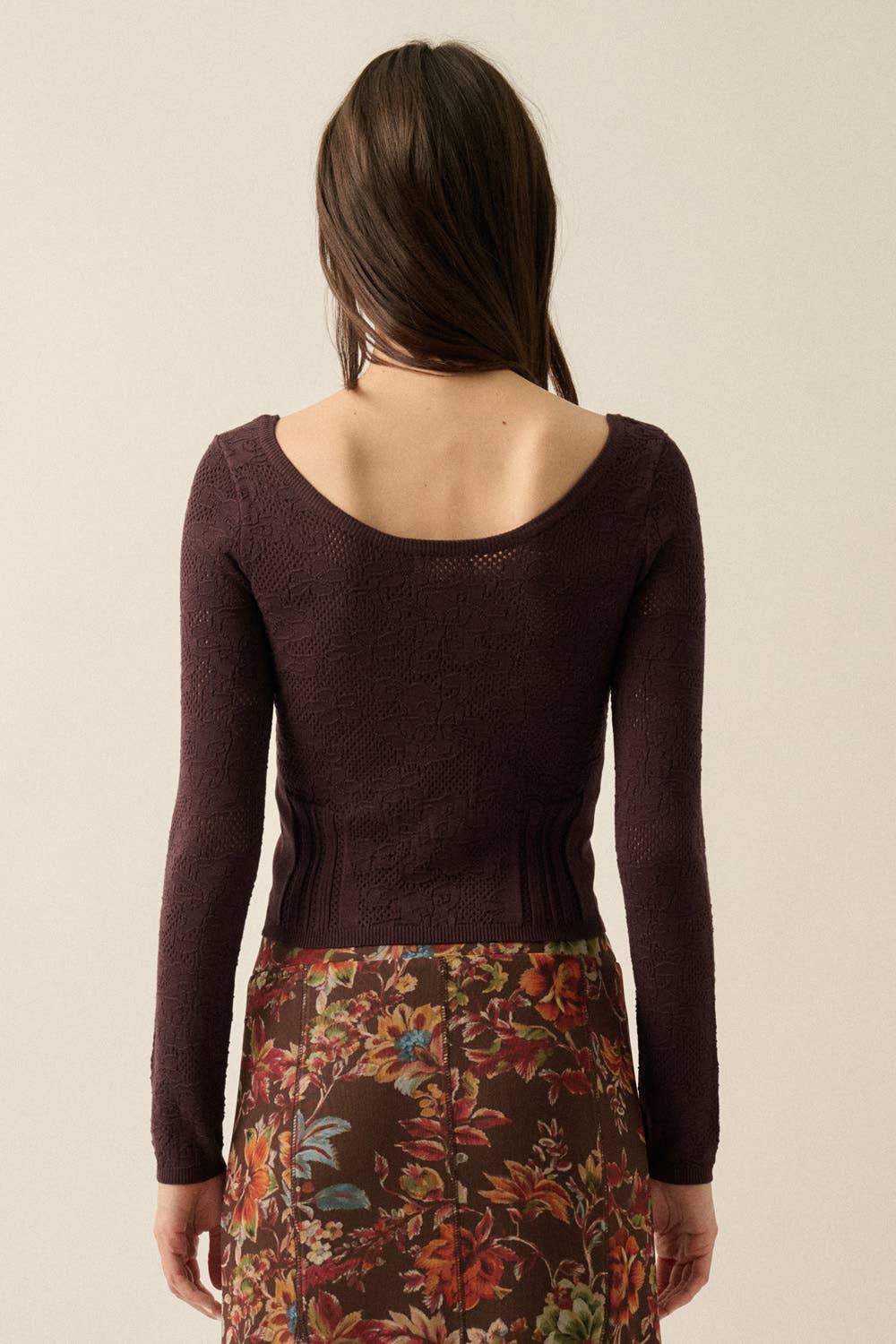 Floral Pointelle Fitted Long Sleeve Top