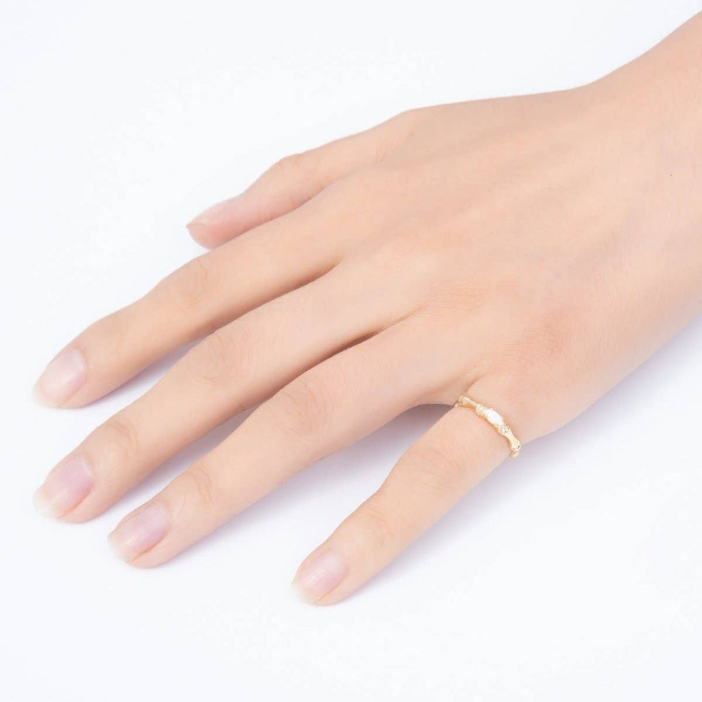 16K Gold Filled Oval White Opal Organic Bamboo Clear CZ Adjustable Ring