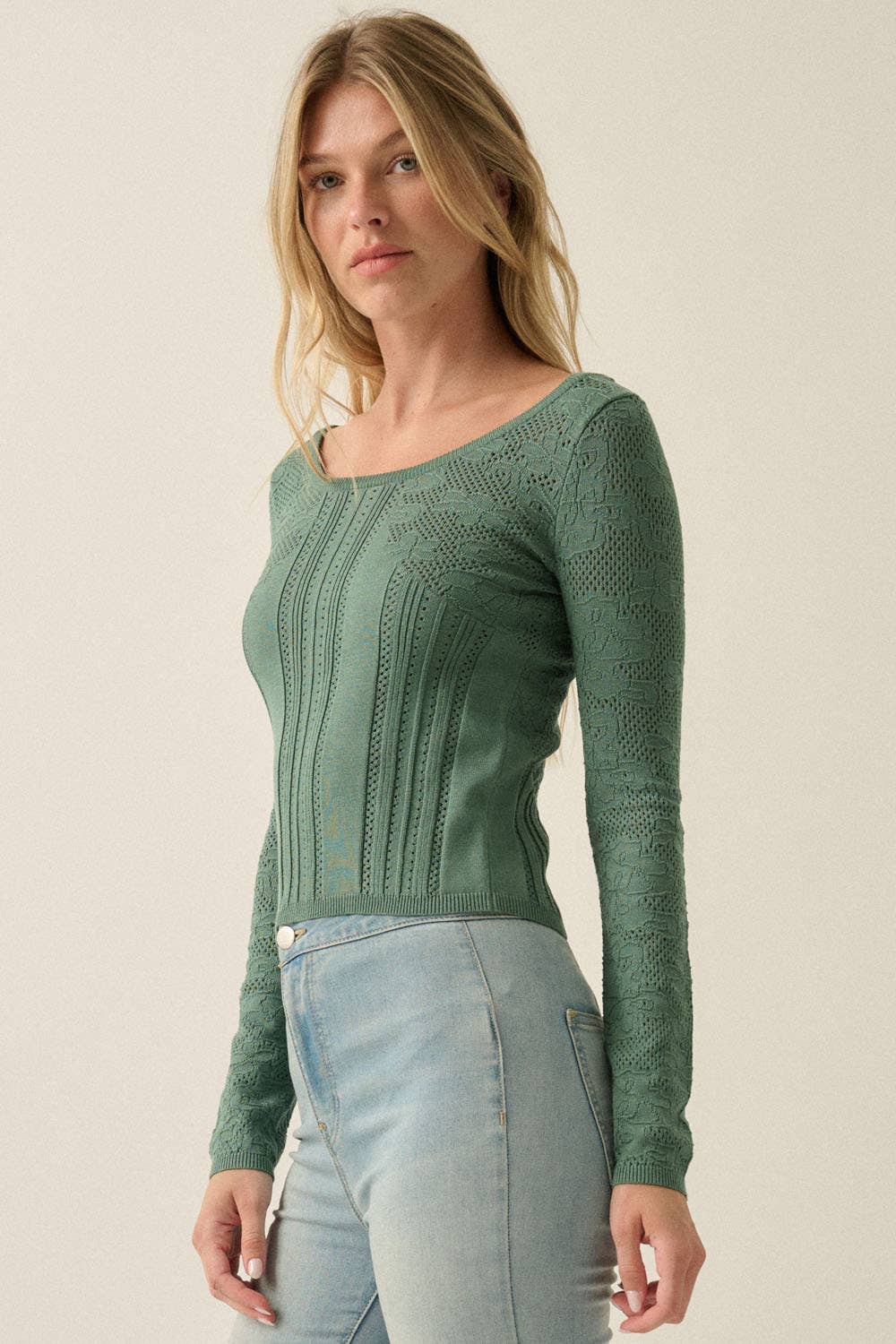 Floral Pointelle Fitted Long Sleeve Top