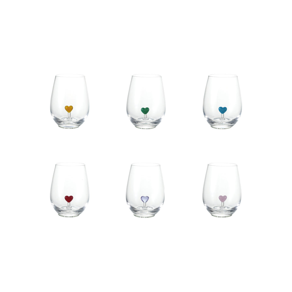 18oz Stemless Wine Glass with Hand-Blown Heart Inside, 6 Colors