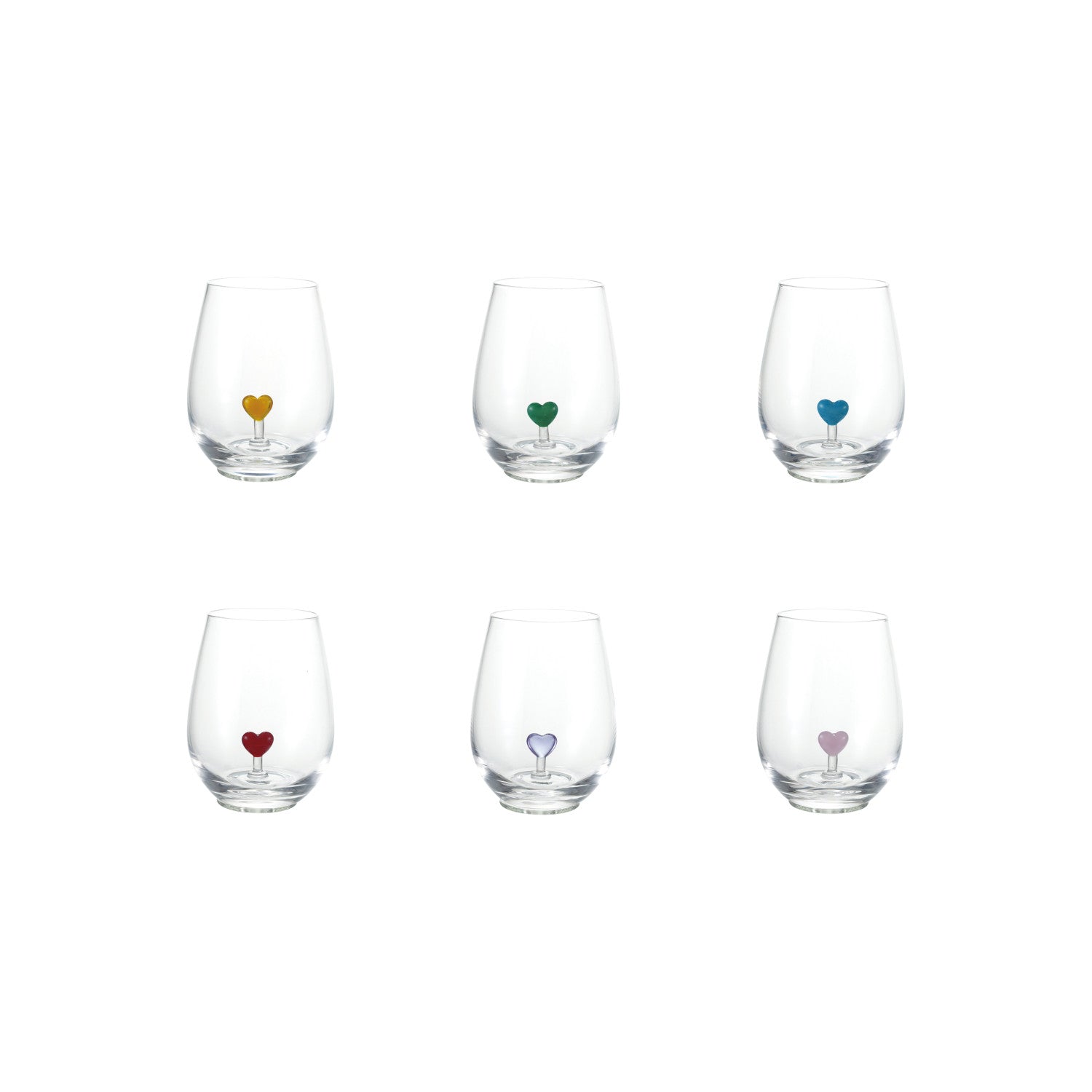 18oz Stemless Wine Glass with Hand-Blown Heart Inside, 6 Colors