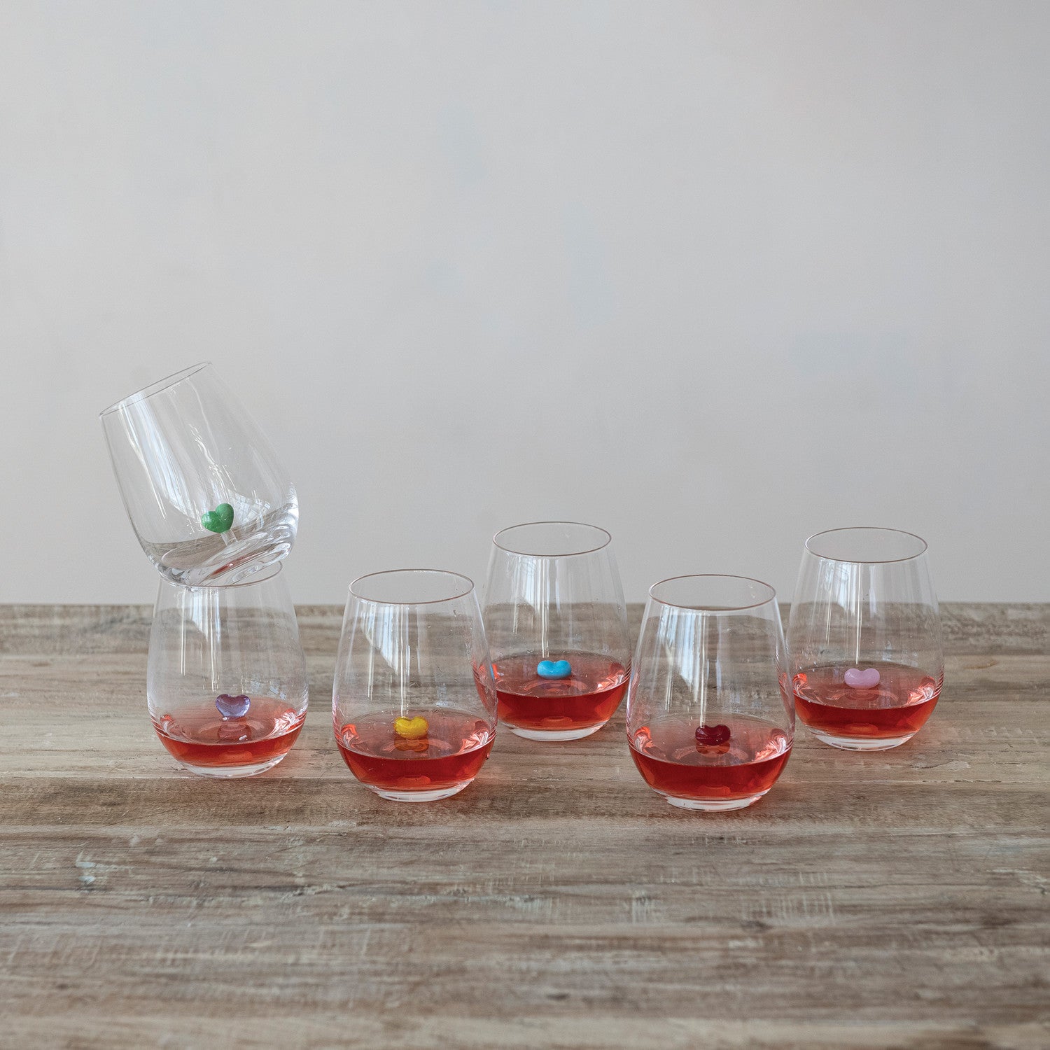 18oz Stemless Wine Glass with Hand-Blown Heart Inside, 6 Colors