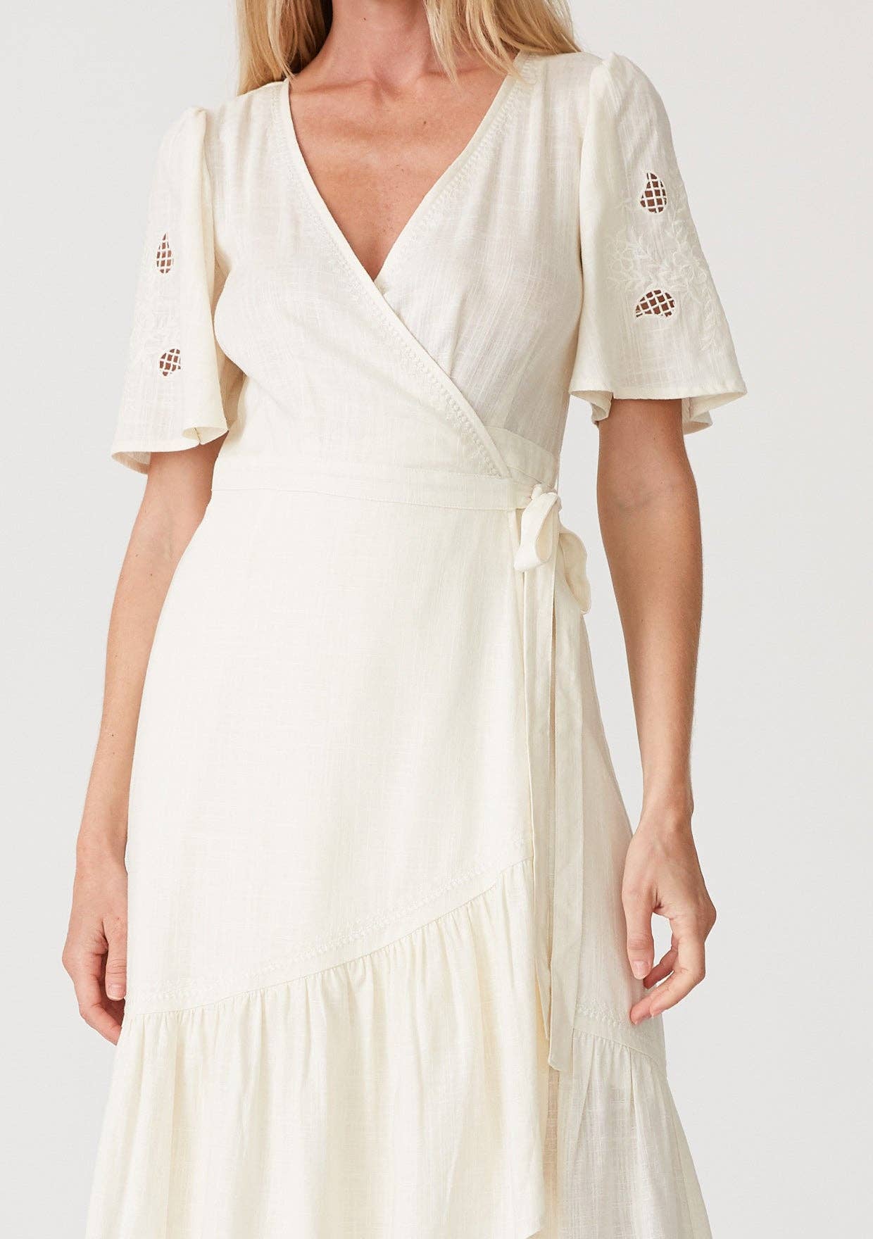 Cutout Embroidered Short Sleeve Midi Wrap Dress