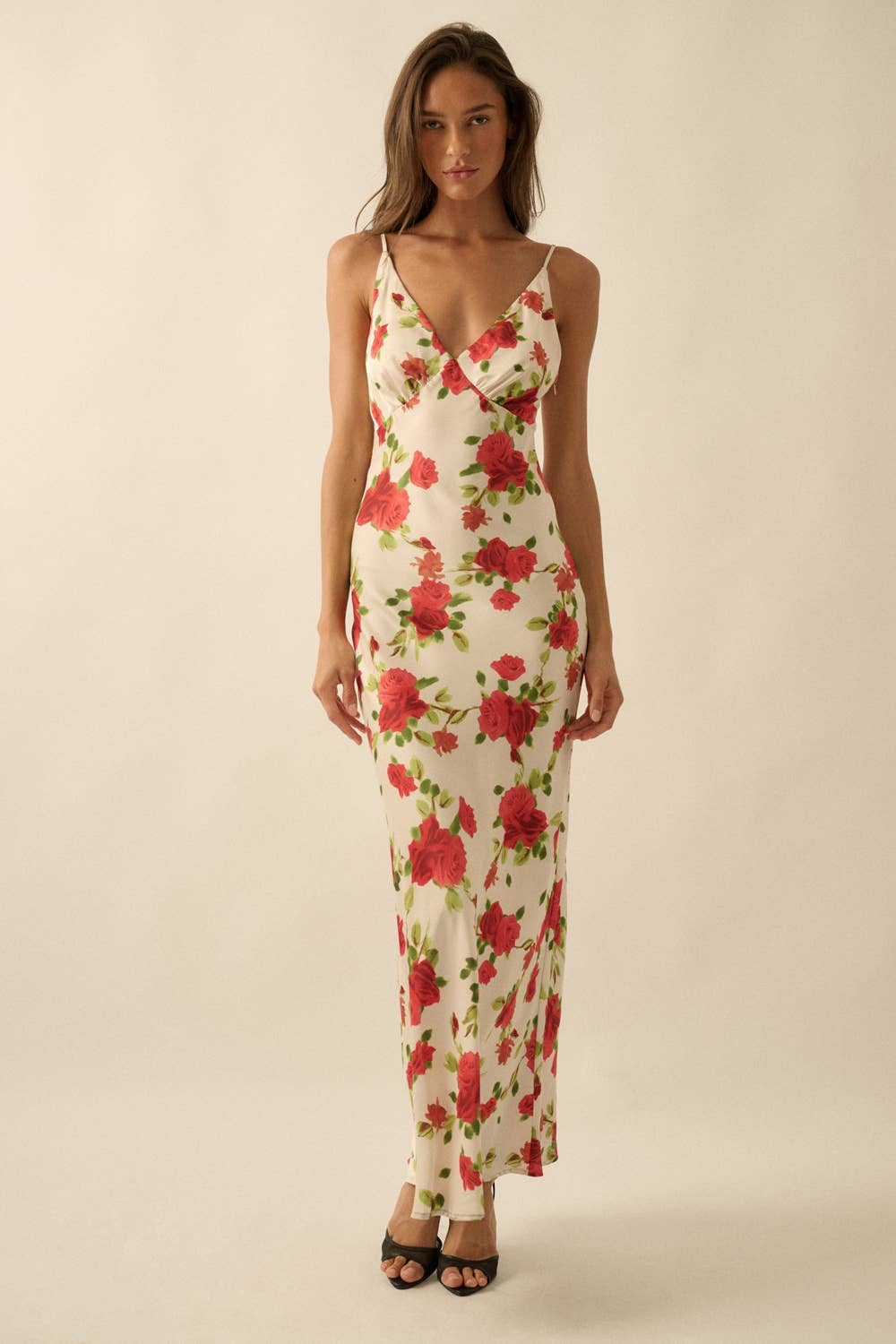 Floral-Print Satin Bias-Cut V-Neck Dress
