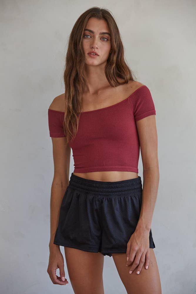 Knit Seamless Ribbed Off Shoulder Crop Top