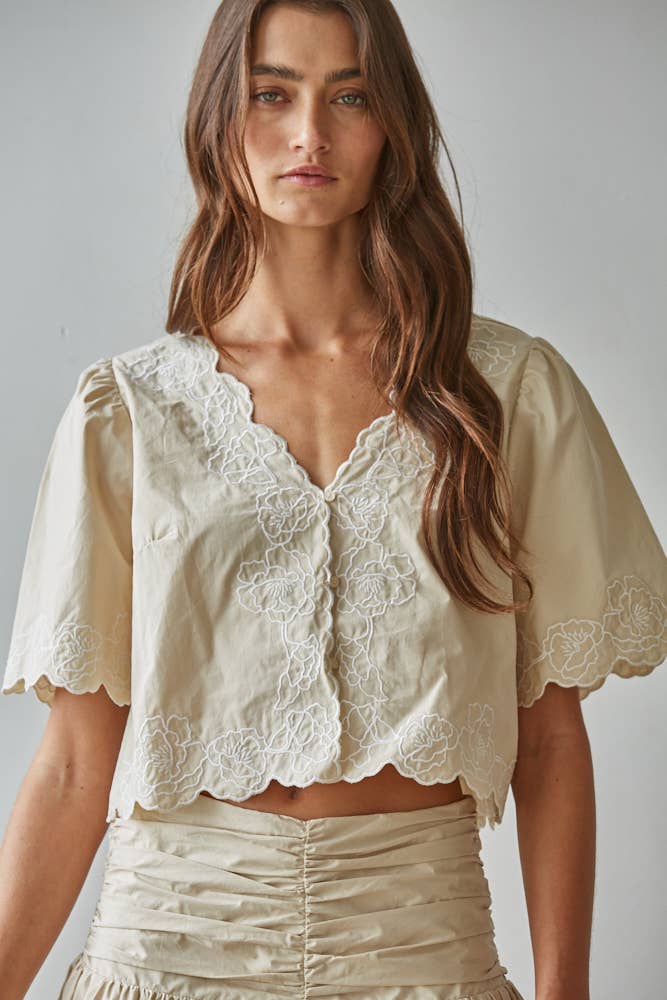 Cotton Floral Embroidered V-Neck Top
