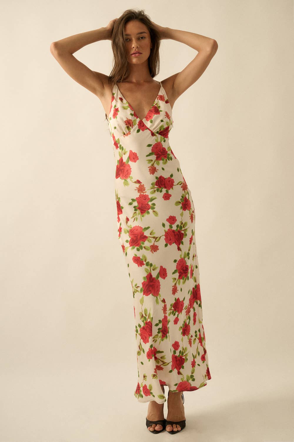 Floral-Print Satin Bias-Cut V-Neck Dress