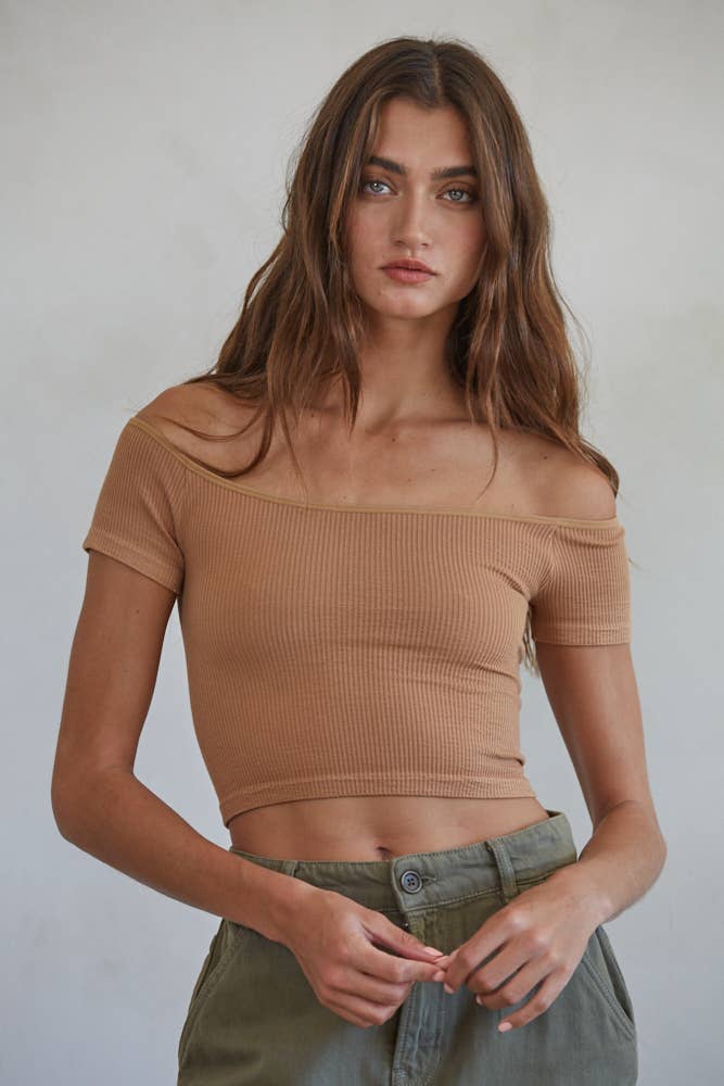 Knit Seamless Ribbed Off Shoulder Crop Top
