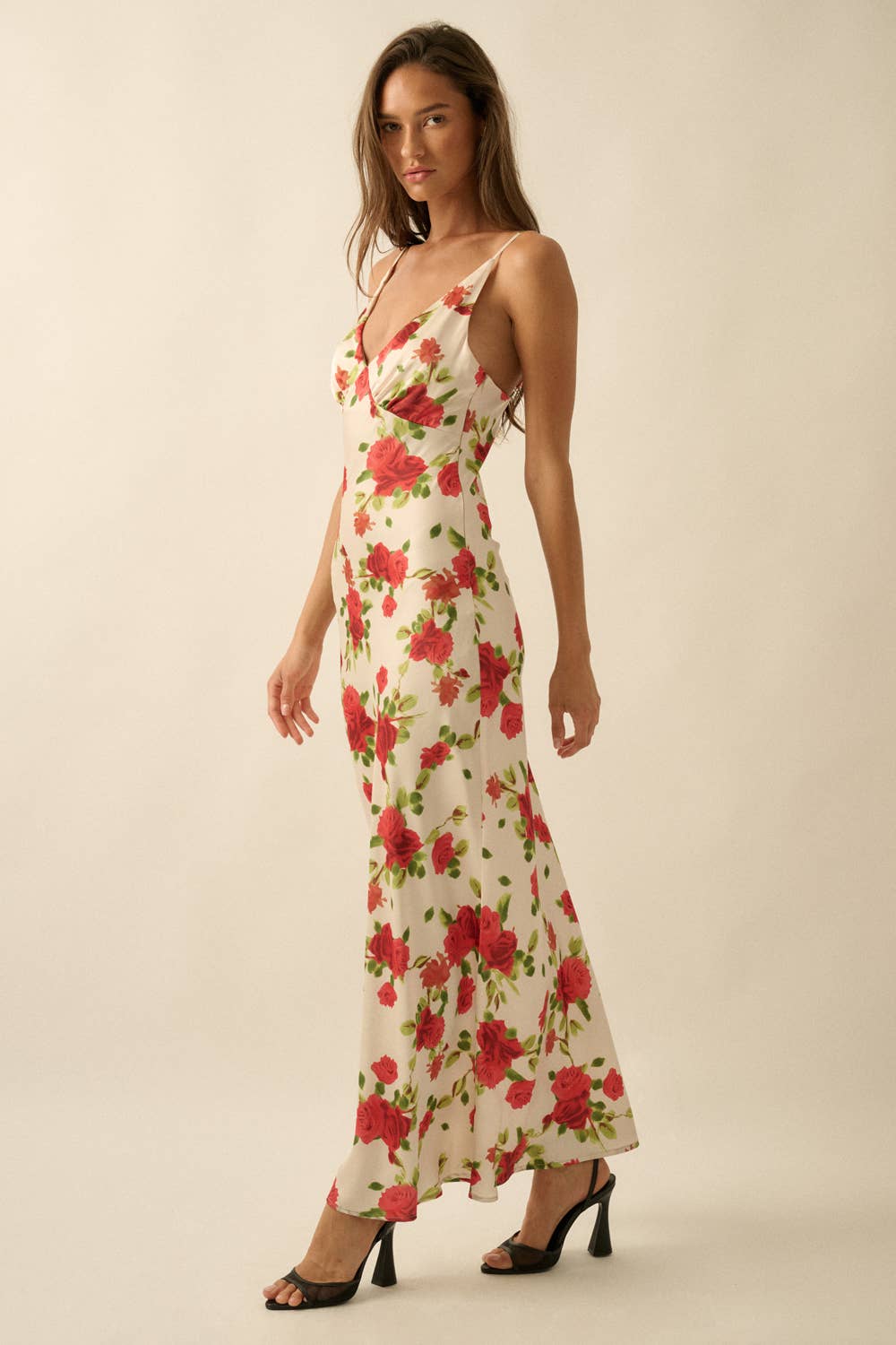 Floral-Print Satin Bias-Cut V-Neck Dress