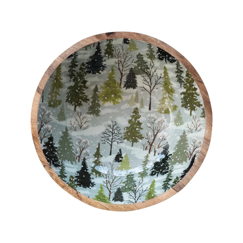 Enameled Mango Wood Bowl w/ Trees Pattern