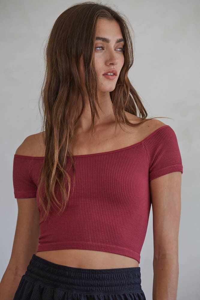 Knit Seamless Ribbed Off Shoulder Crop Top