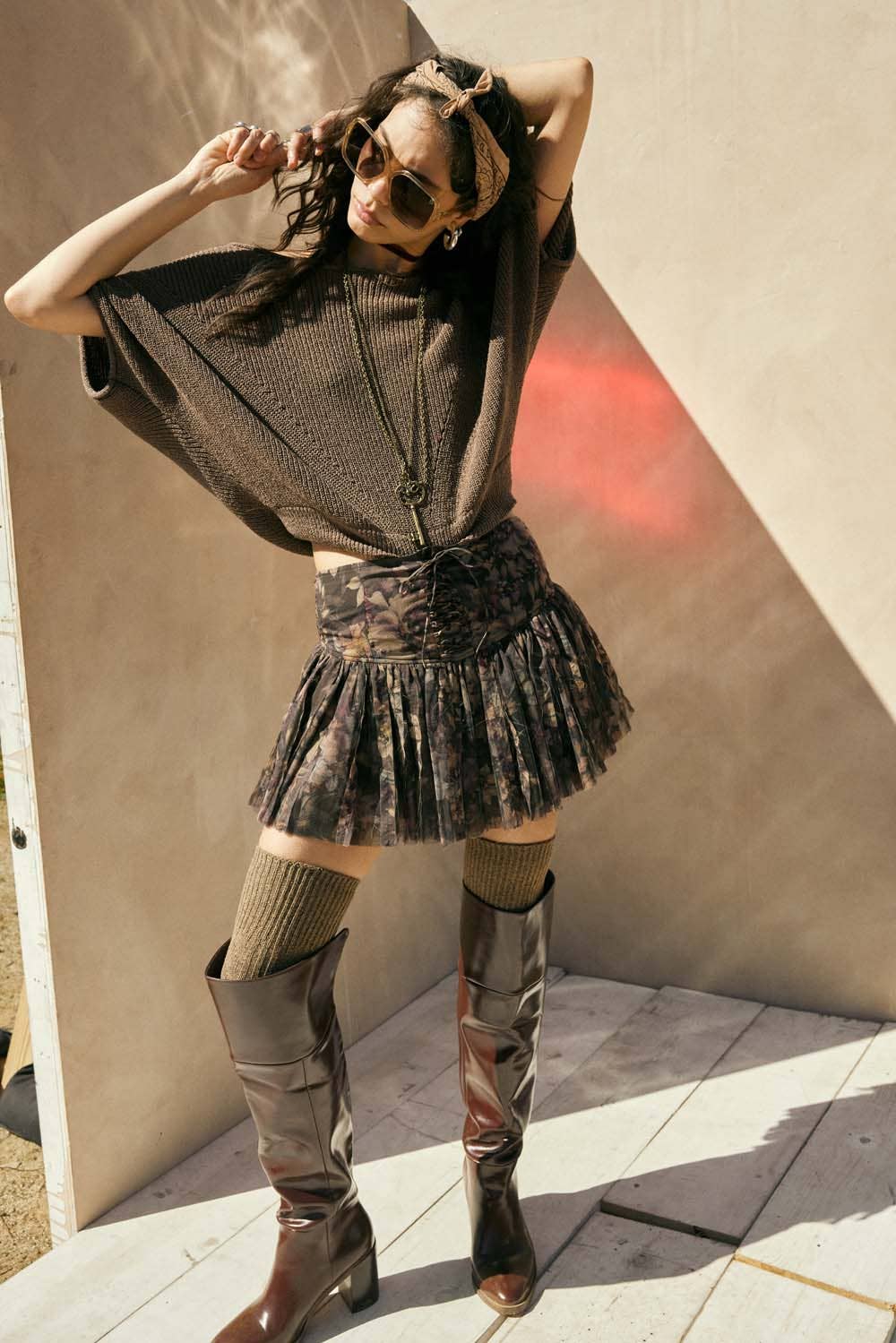 Floral-Print Drop-Waist Lace-Up Pleated Mini Skort