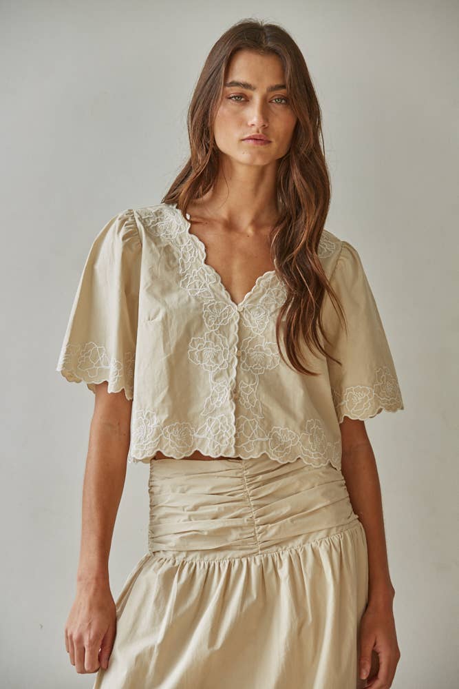 Cotton Floral Embroidered V-Neck Top