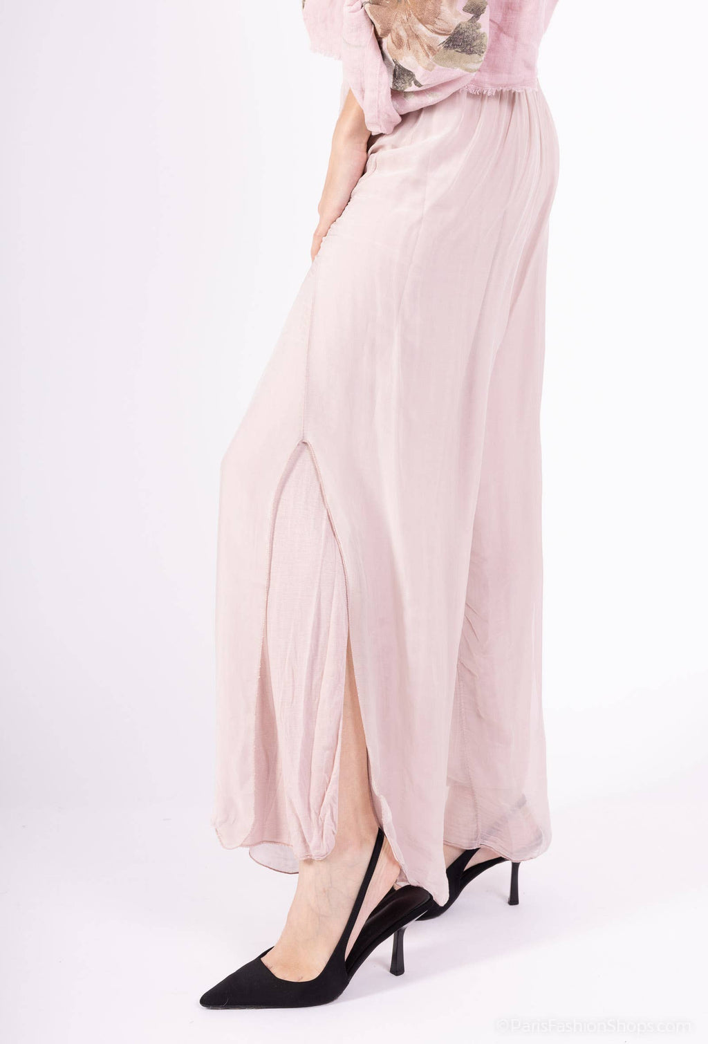 Silk pants open on the sides at the bottom