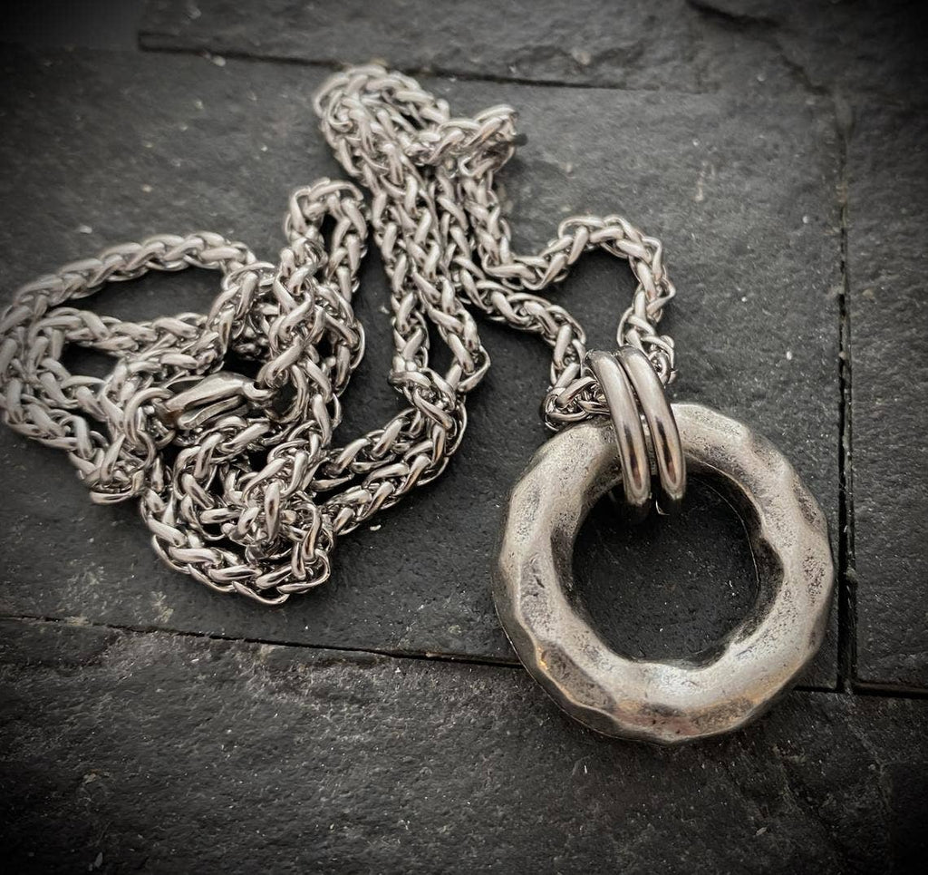 Large Hammered Ring Men's Necklace, Heavy Pewter Ring