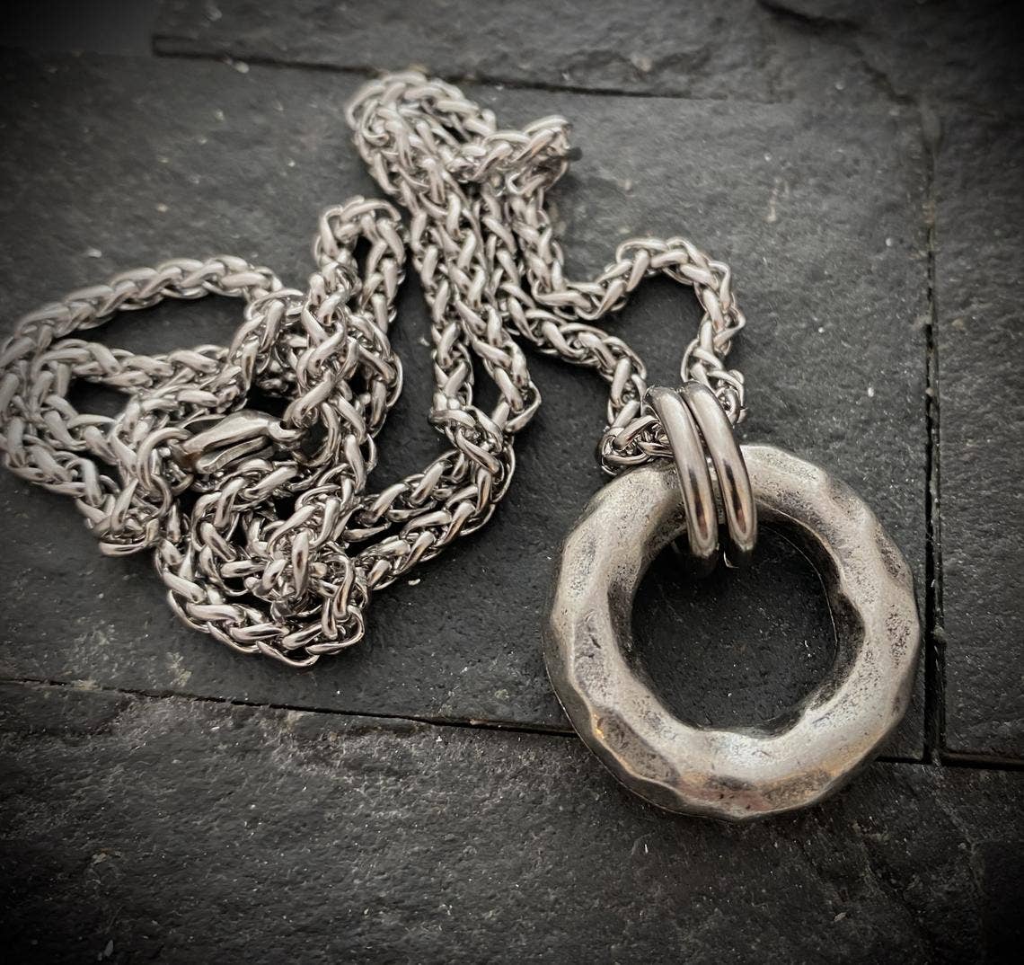 Large Hammered Ring Men's Necklace, Heavy Pewter Ring