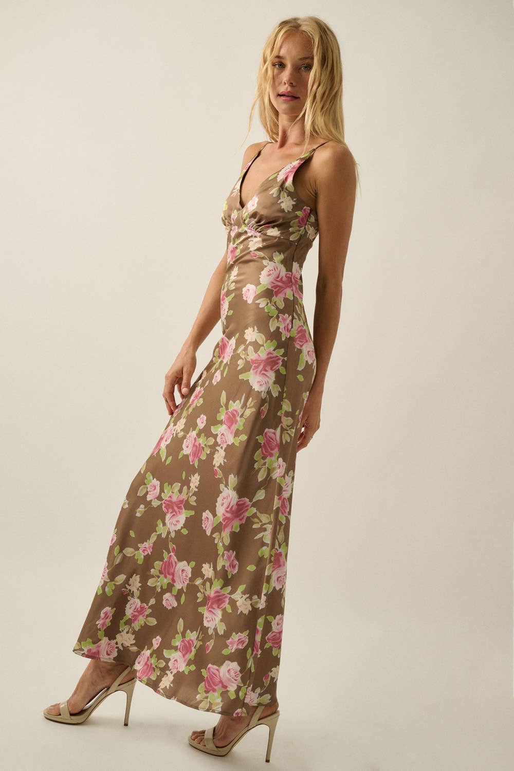 Floral-Print Satin Bias-Cut V-Neck Dress