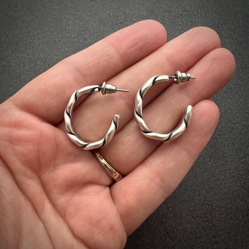 Silver Twisted Half Hoop Post, Rope Earrings, Simple Everyday Studs, JohnnyGirl Jewelry