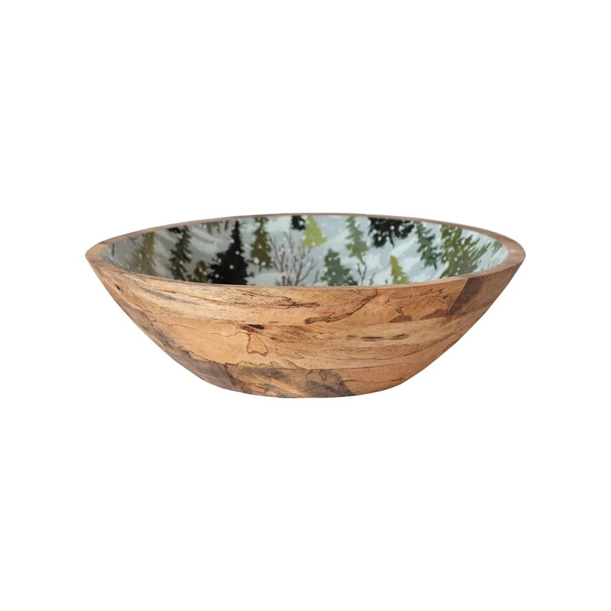 Enameled Mango Wood Bowl w/ Trees Pattern