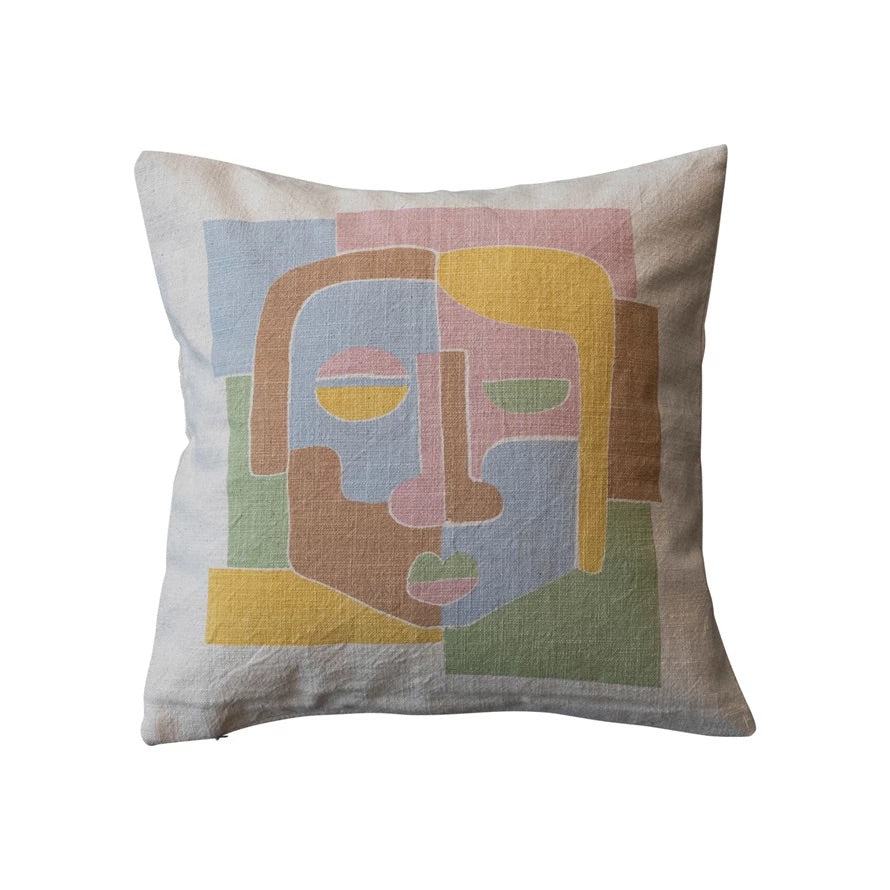 Square Woven Cotton Pillow w/ Abstract Face