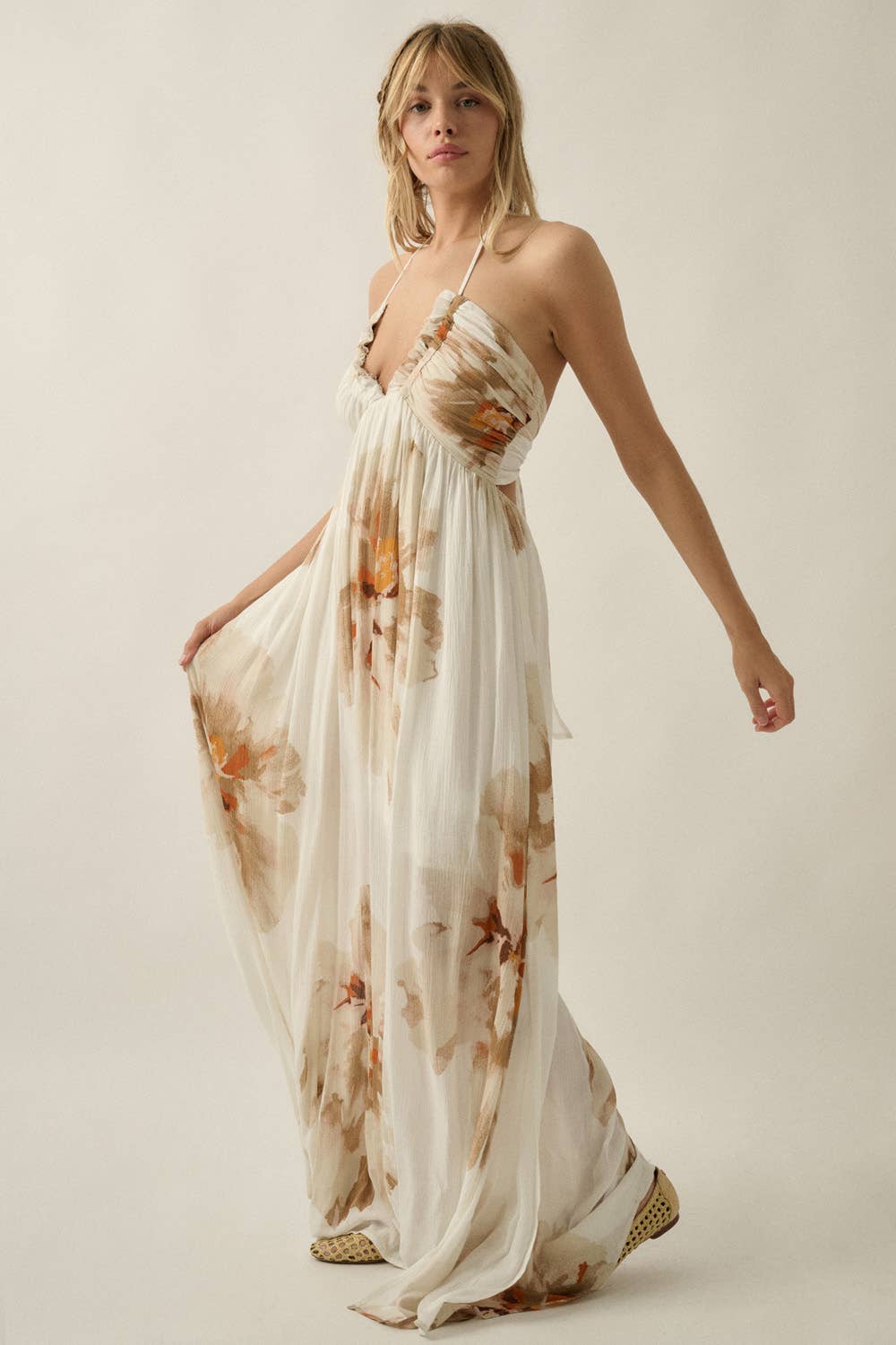 Floral-Print Crepe High-Waist Tie-Back Halter Maxi Dress