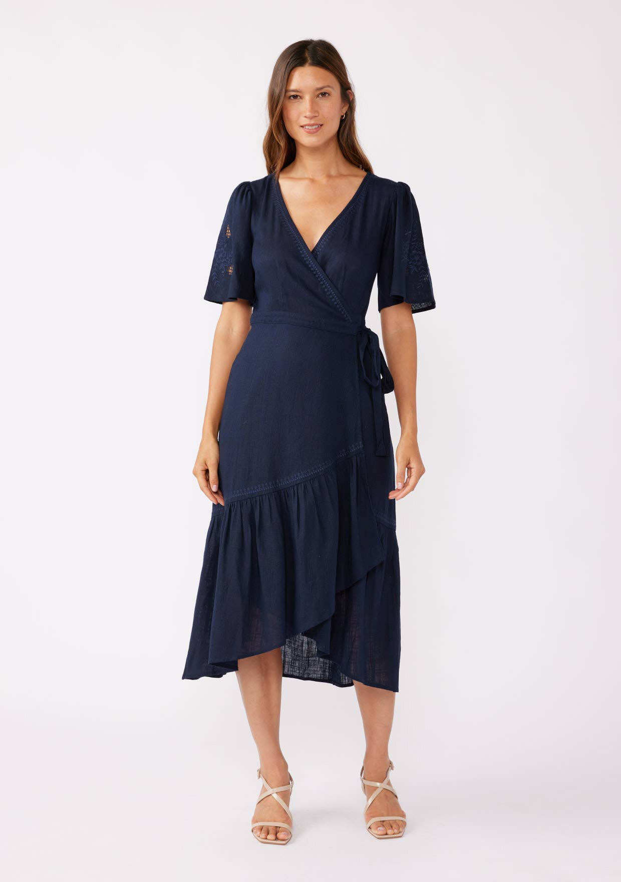 Cutout Embroidered Short Sleeve Midi Wrap Dress