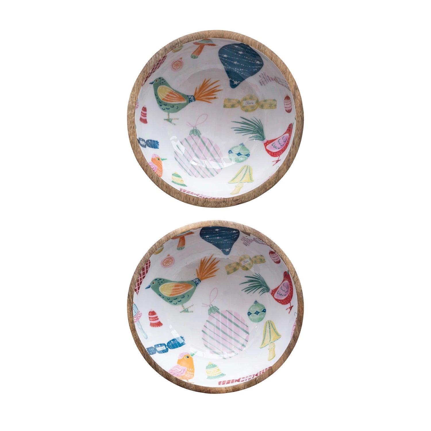 Enameled Mango Wood Footed Bowls w/ Seasonal Pattern, set of 2
