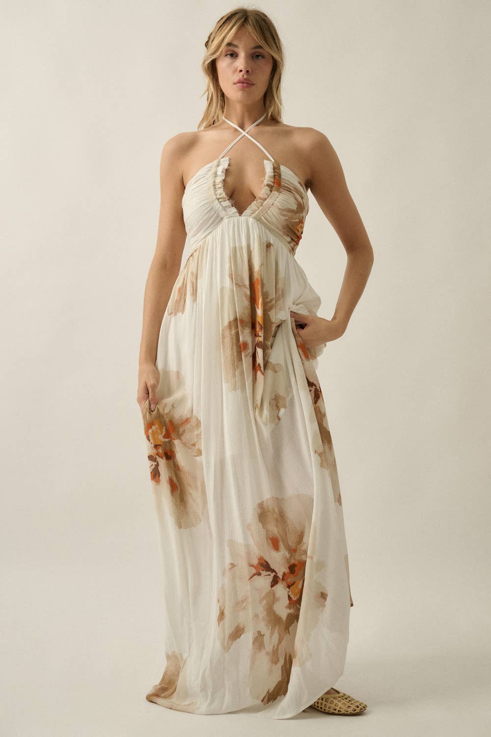 Floral-Print Crepe High-Waist Tie-Back Halter Maxi Dress