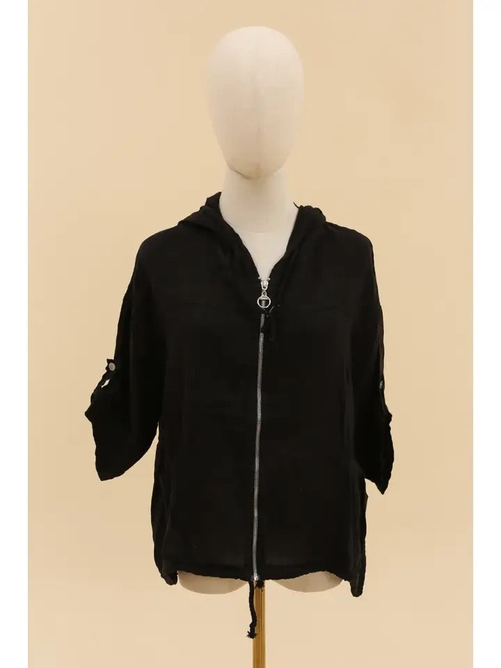 Linen Zip-Up Jacket with Hood