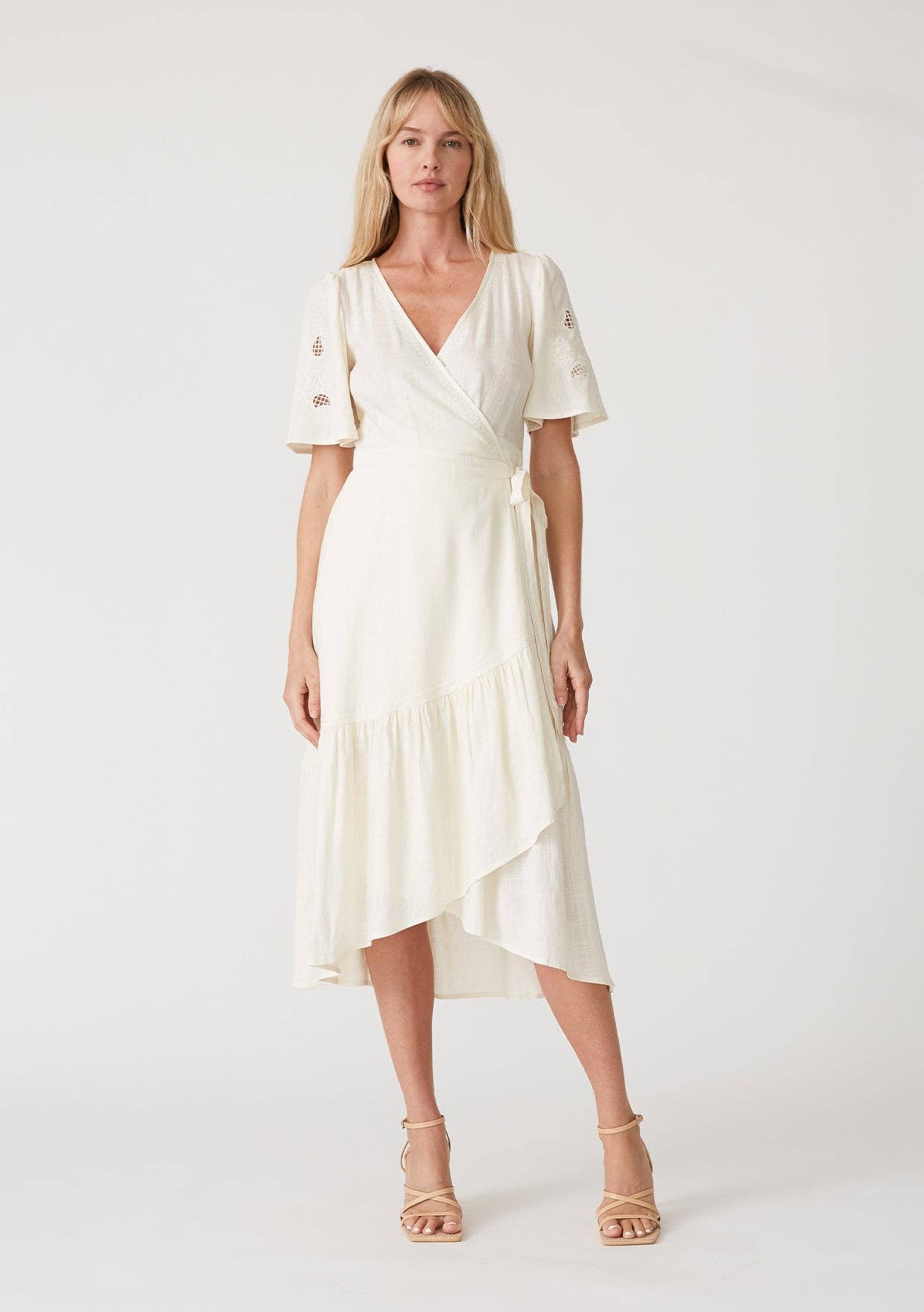 Cutout Embroidered Short Sleeve Midi Wrap Dress