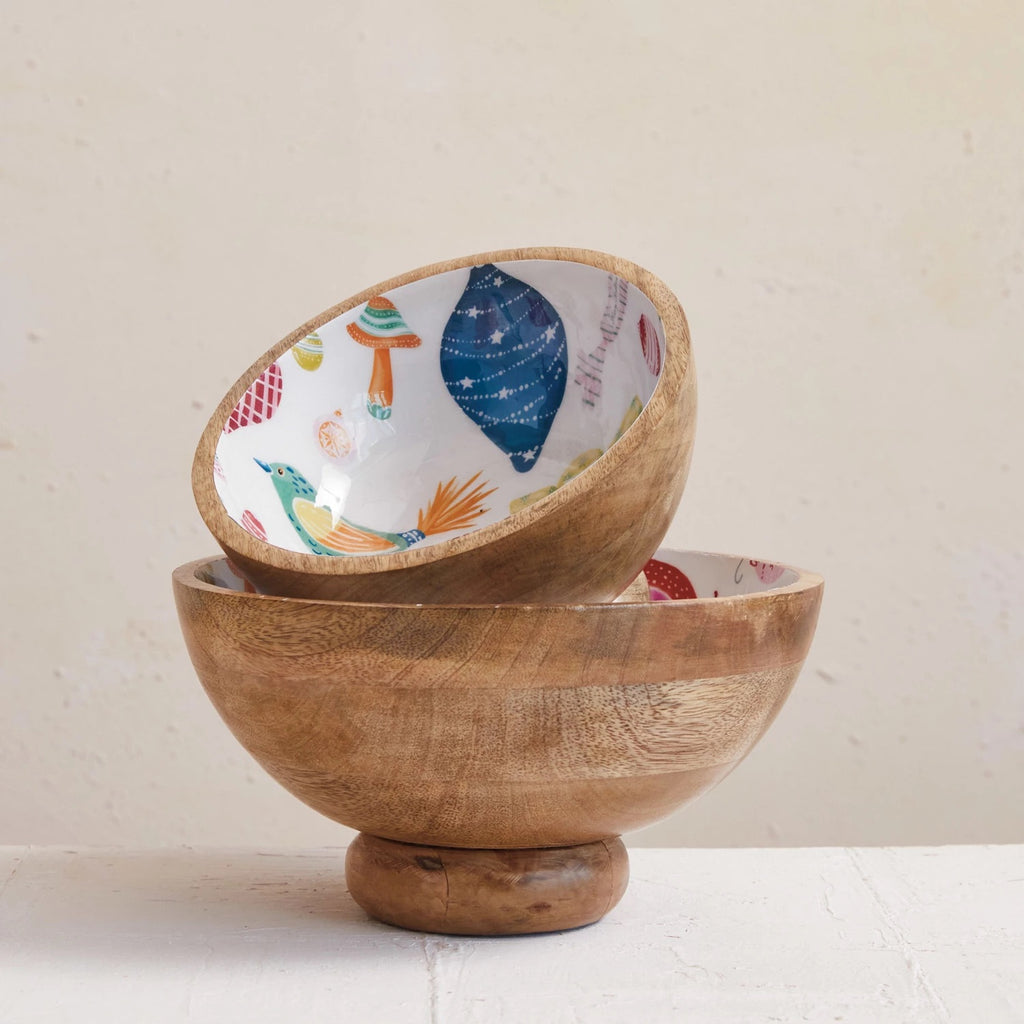 Enameled Mango Wood Footed Bowls w/ Seasonal Pattern, set of 2