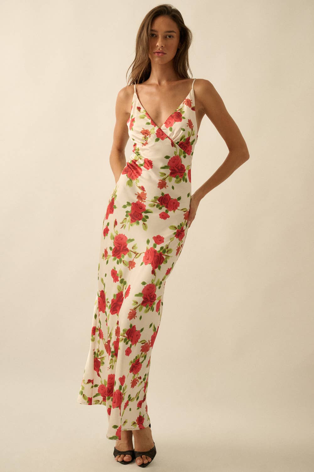 Floral-Print Satin Bias-Cut V-Neck Dress