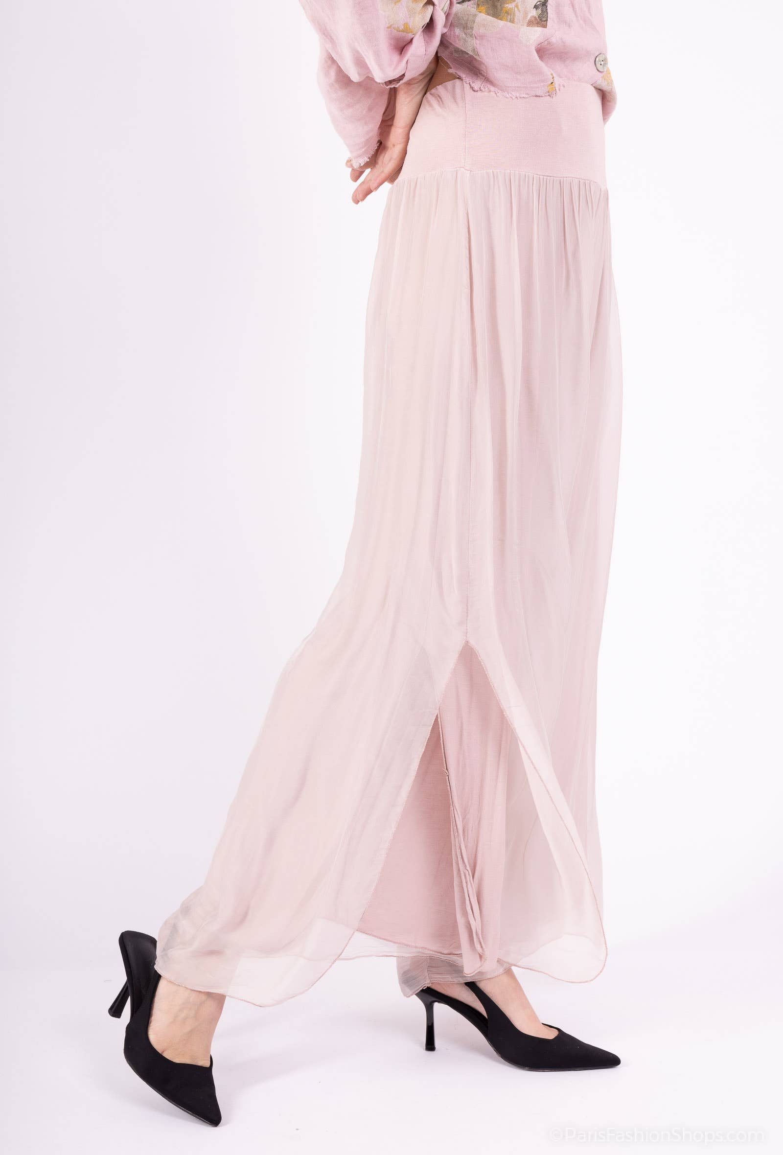 Silk pants open on the sides at the bottom