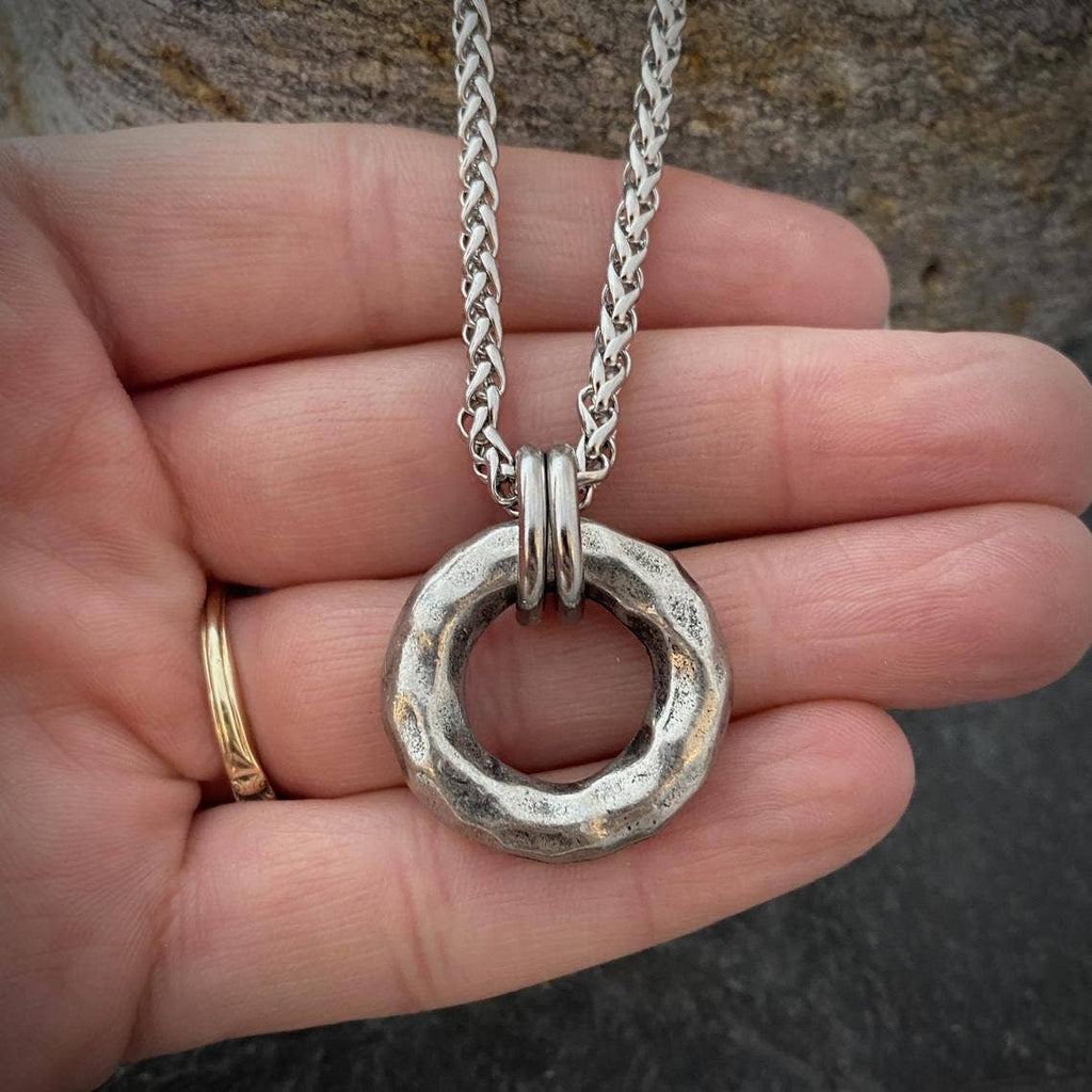 Large Hammered Ring Men's Necklace, Heavy Pewter Ring