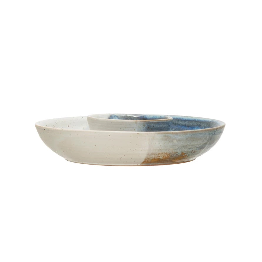 Hand-Painted Stoneware Chip and Dip Bowl, Reactive Glaze