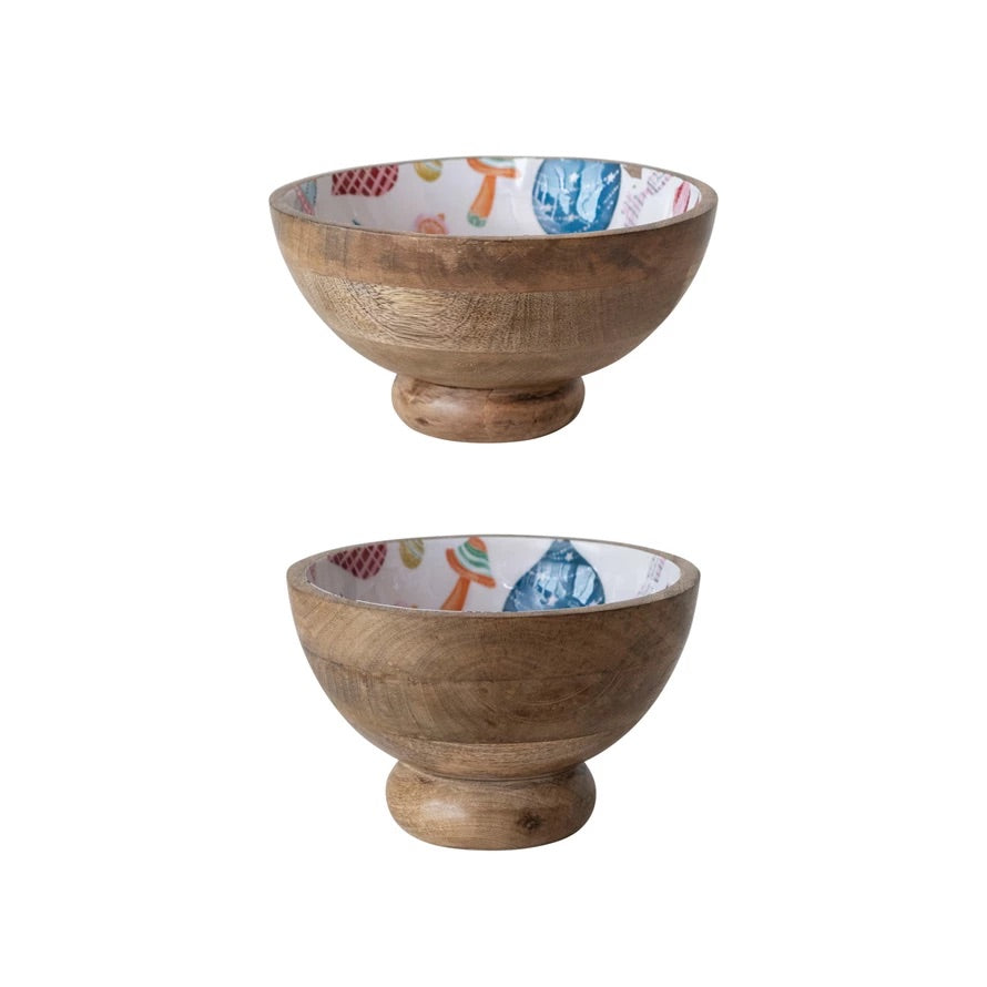 Enameled Mango Wood Footed Bowls w/ Seasonal Pattern, set of 2
