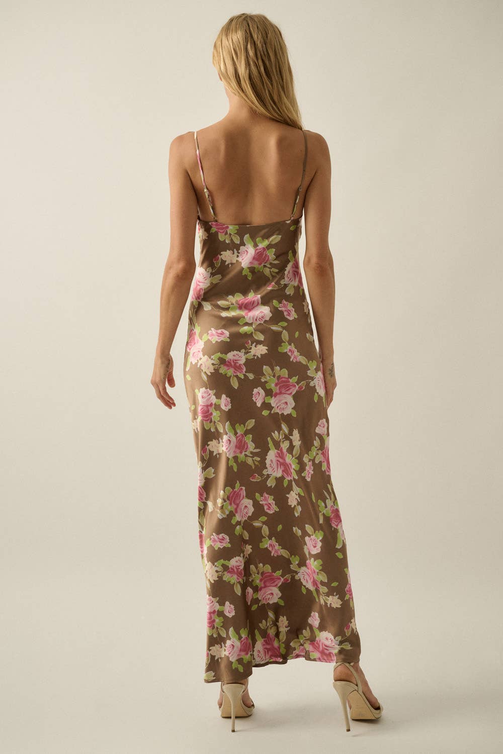 Floral-Print Satin Bias-Cut V-Neck Dress