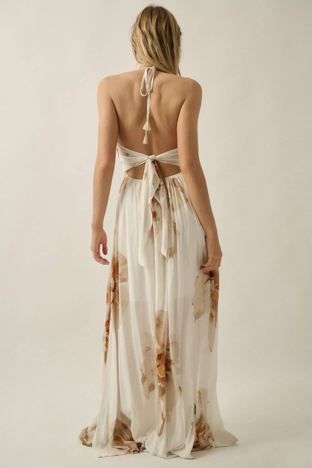 Floral-Print Crepe High-Waist Tie-Back Halter Maxi Dress